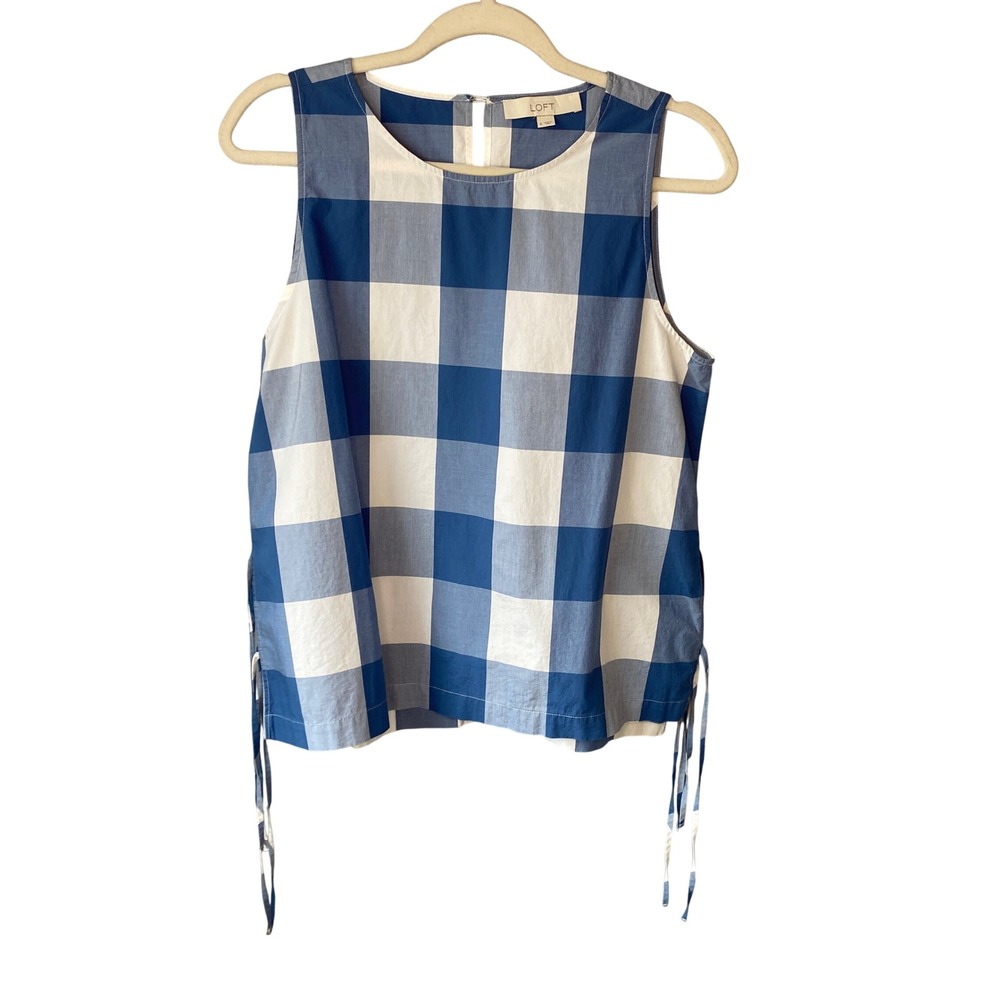 LOFT Blue White Buffalo Check Gingham Sleeveless Side Tie Shell Top Small
